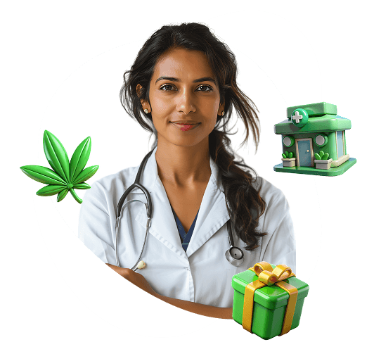 Ärztin mit Stethoskop neben Cannabisblatt-Symbol, einer Klinik und einem Geschenk.
