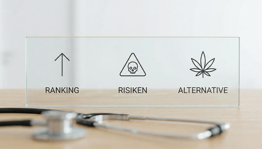 Übersicht: Schmerzmittel-Ranking, Risiken und Cannabis-Alternative Minimalistische Infografik: Ranking der stärksten Schmerzmittel, Opioid-Risiken und medizinisches Cannabis als Alternative