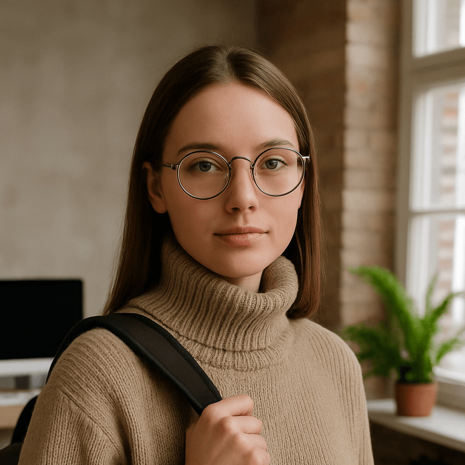 woman with glasses in office with a plant behind and a computer behind