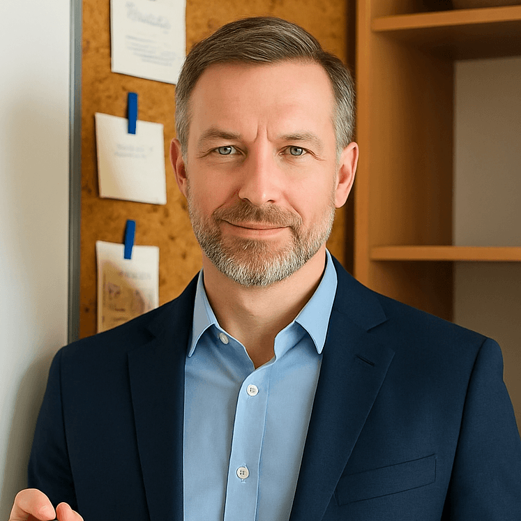 Ein Mann im Büro mit einer Pinnwand dahinter.