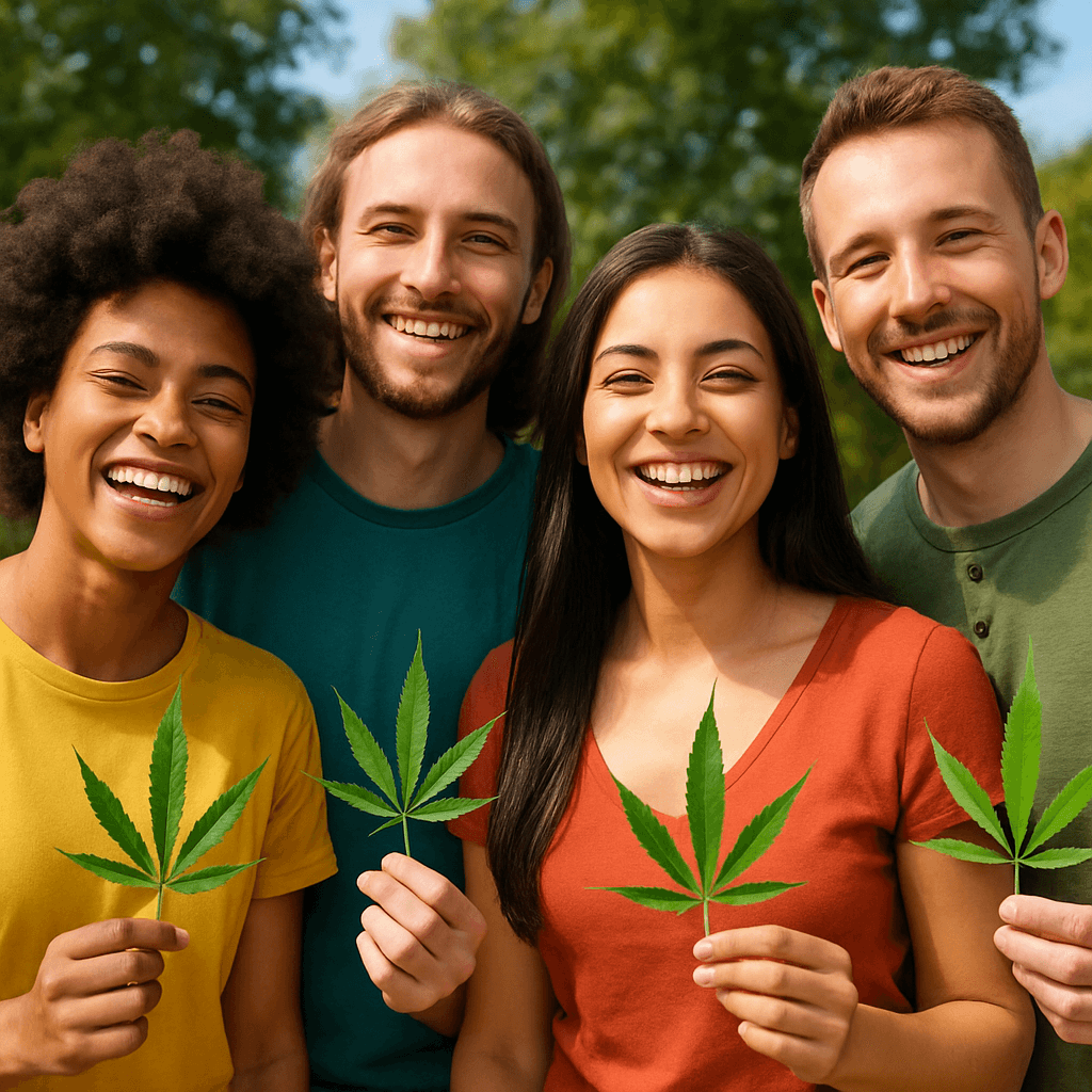 Glückliche Gruppe von Menschen in der Natur, die Cannabisblätter in ihren Händen halten