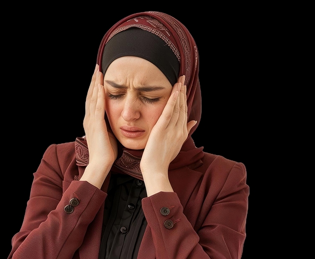 Junge Frau mit Kopftuch hält sich die Schläfen, Grimasse zeigt Migräneschmerz an.