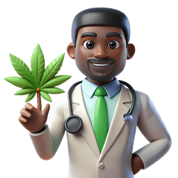 Lächelnder Arzt, der ein Cannabisblatt in seiner Hand hält